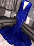 Mermaid Long Sleeves Deep V Neck Lace Applique Long Prom Dress LBQ2976
